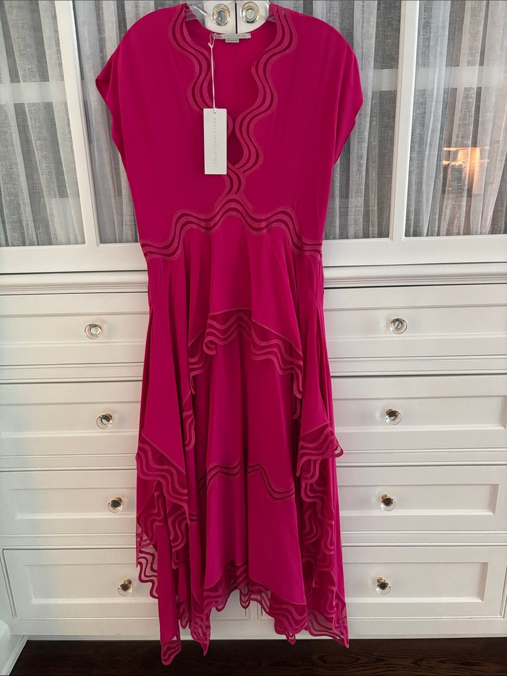 Stella McCartney Silk Fuchsia Asymmetrical Wave-Trim Maxi Dress